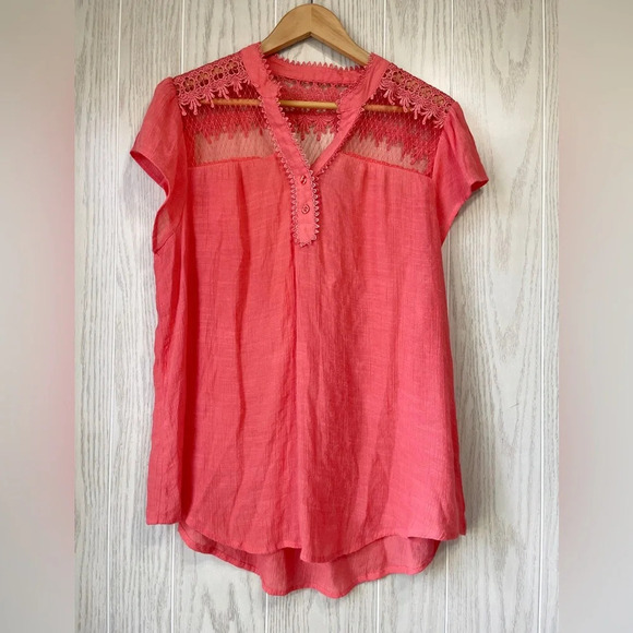 Perch by Blu Pepper Top XXL 2XL Coral Embroidered Cap Sleeve Boho Peasant Blouse - Picture 1 of 3